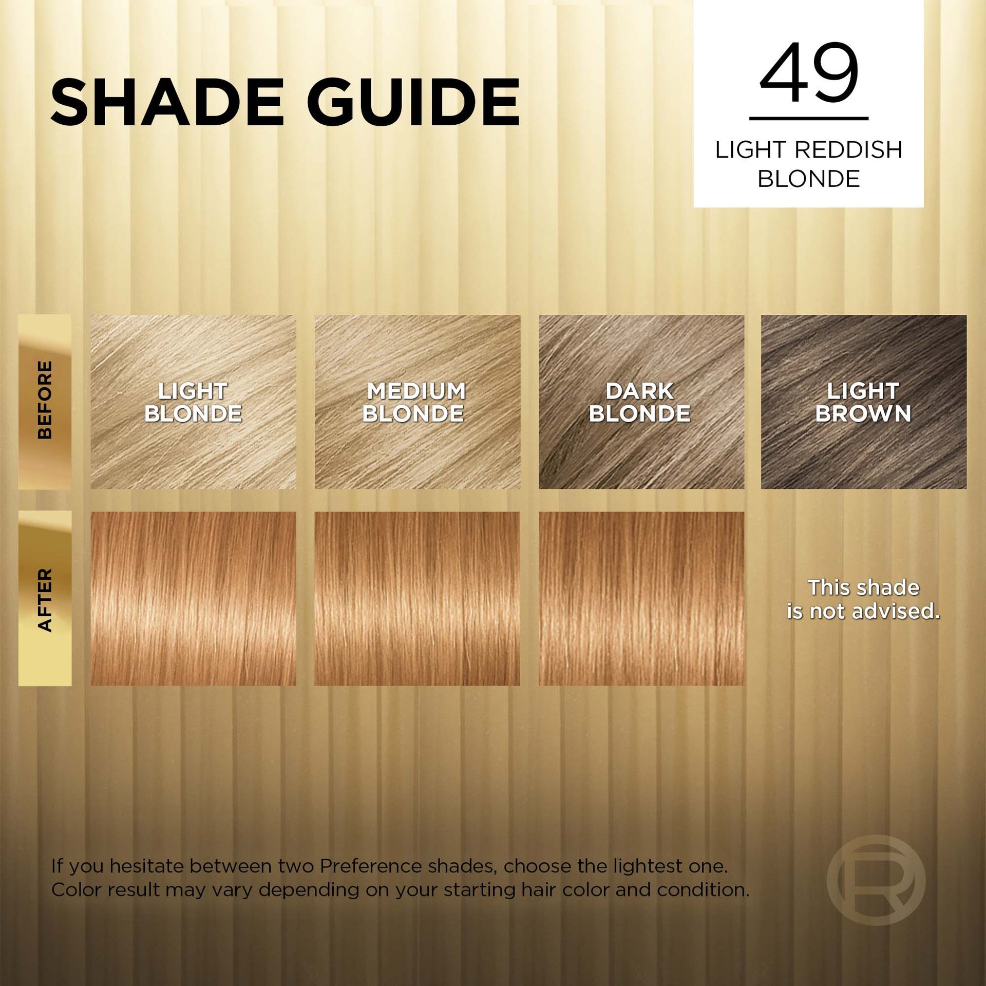 Hair before and after using Superior Preference 49 Light Reddish Blonde